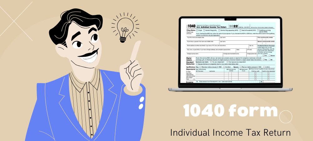 The fillable 1040 tax form for online filling on the laptop and the image of the man
